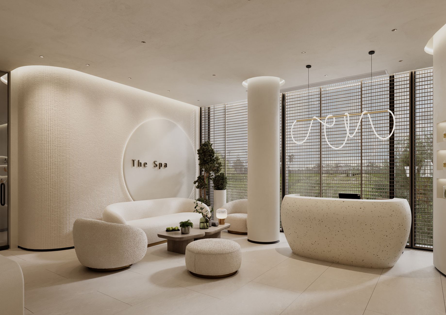 Ruang spa yang tenang dengan perabot lengkung dan cahaya lembut.